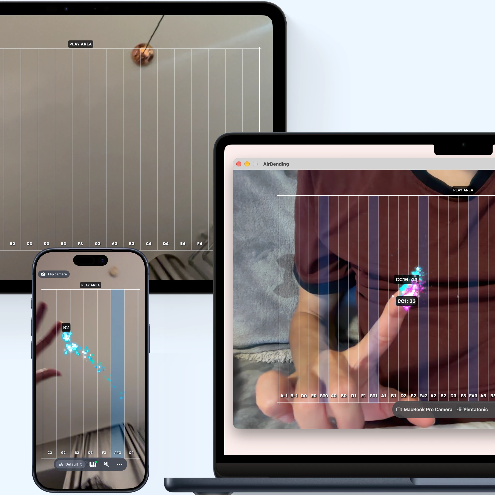 AirBending tracking hand gestures on a MacBook, an iPad, and an iPhone