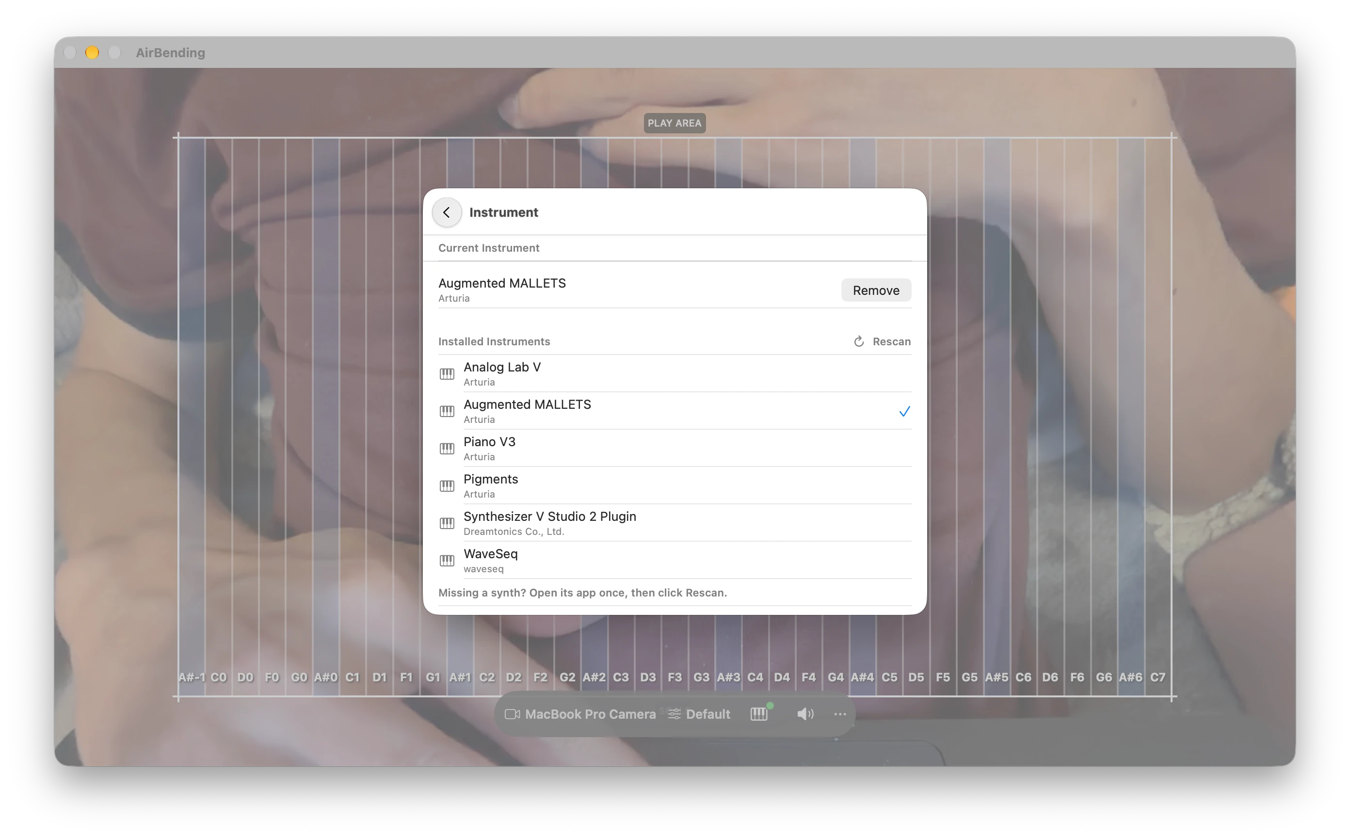 Instrument picker inside AirBending listing installed Audio Unit v3 synths like Analog Lab V, Piano V3, and Pigments