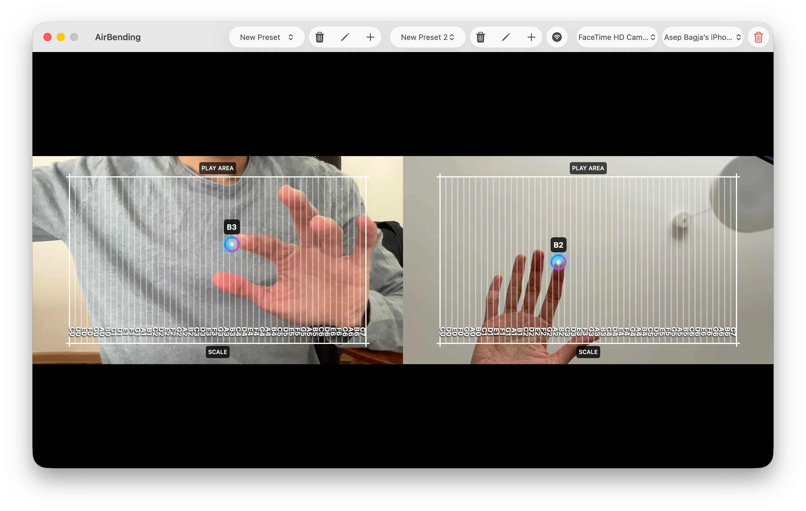 Two camera panels side by side, each tracking a hand