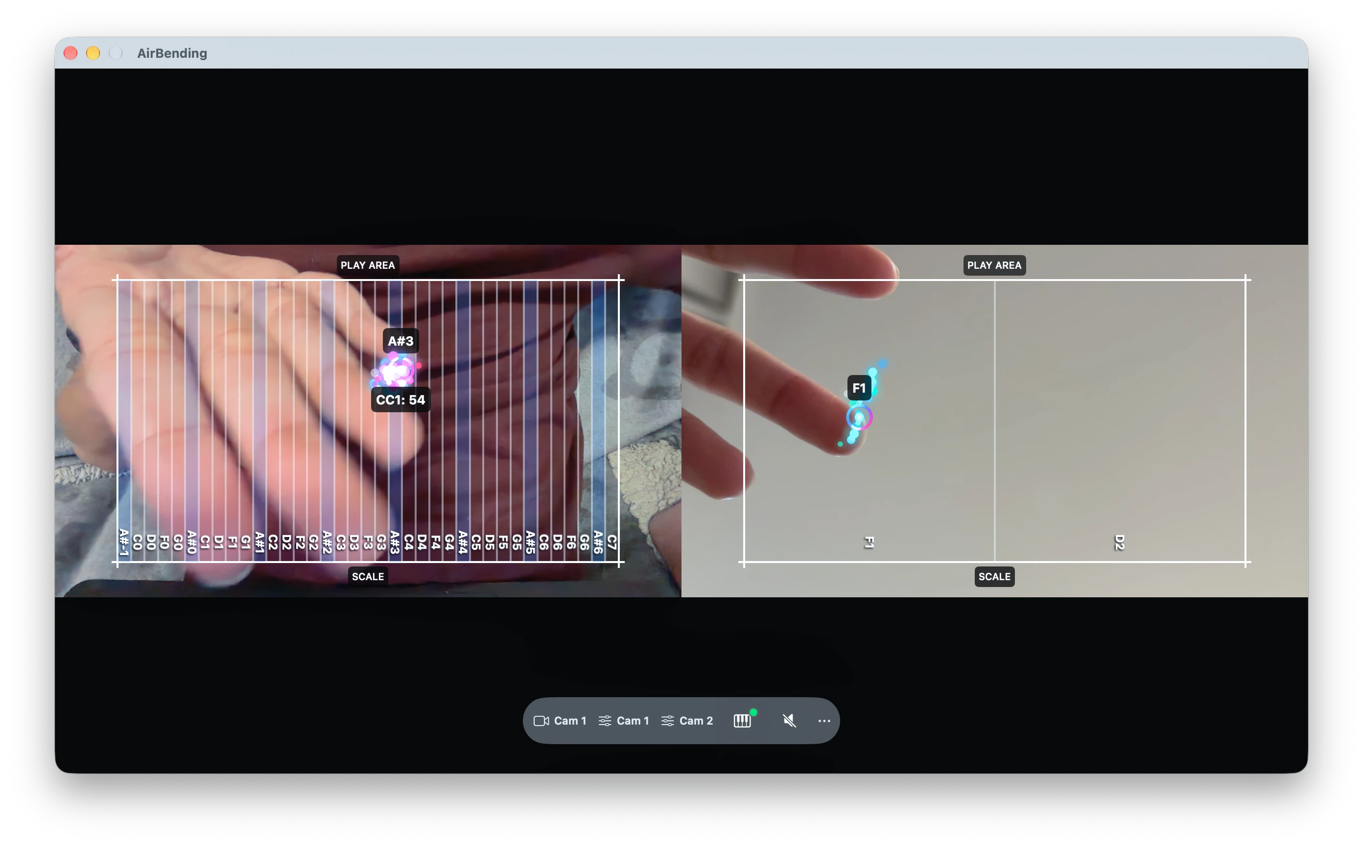 AirBending tracking two hands with two separate cameras, each with its own play area