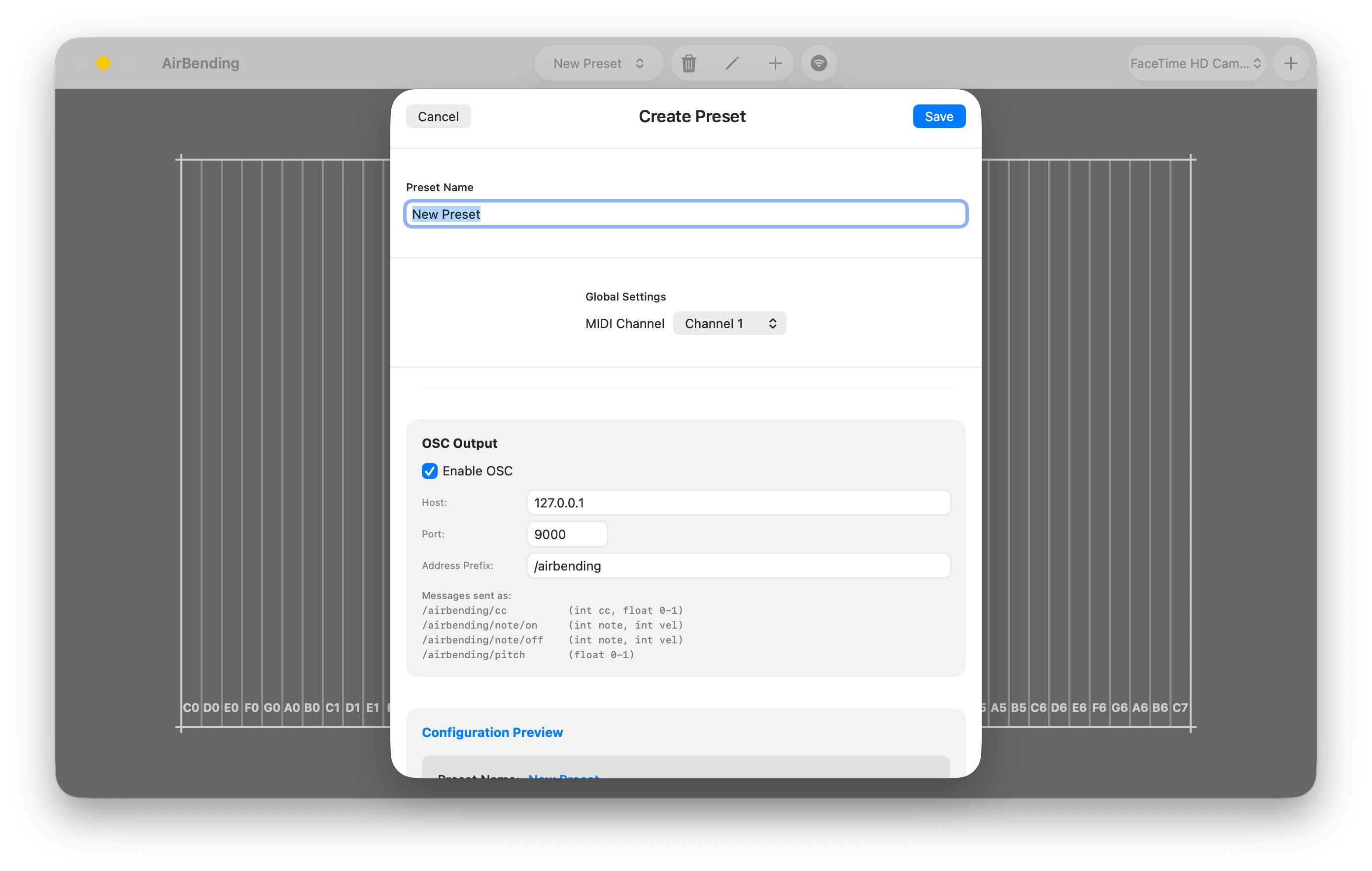 OSC settings — host, port, address prefix fields