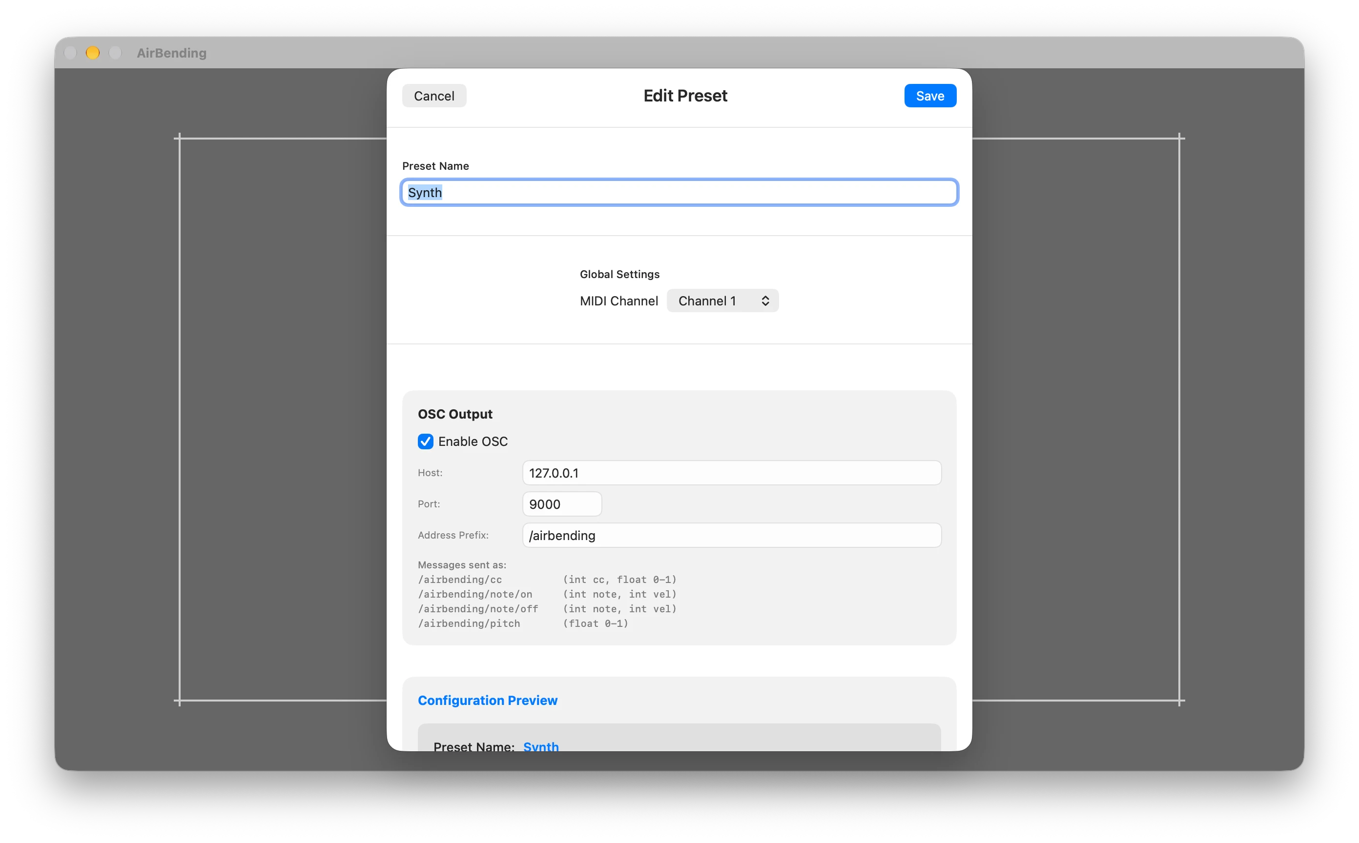 Edit Preset dialog with OSC Output enabled, showing the host, port, address prefix, and the OSC messages AirBending sends