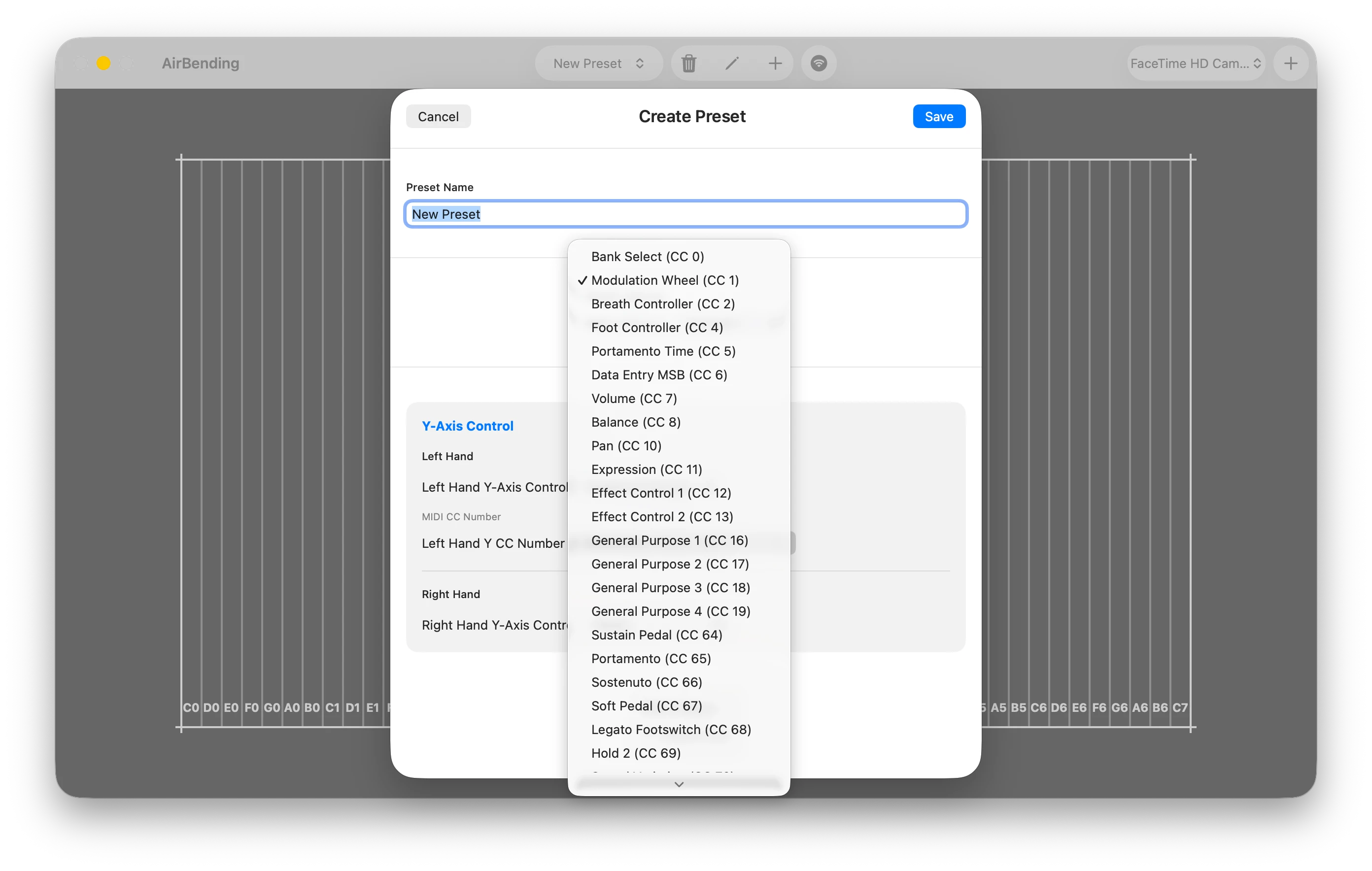 CC number dropdown showing Modulation, Volume, Expression, and more