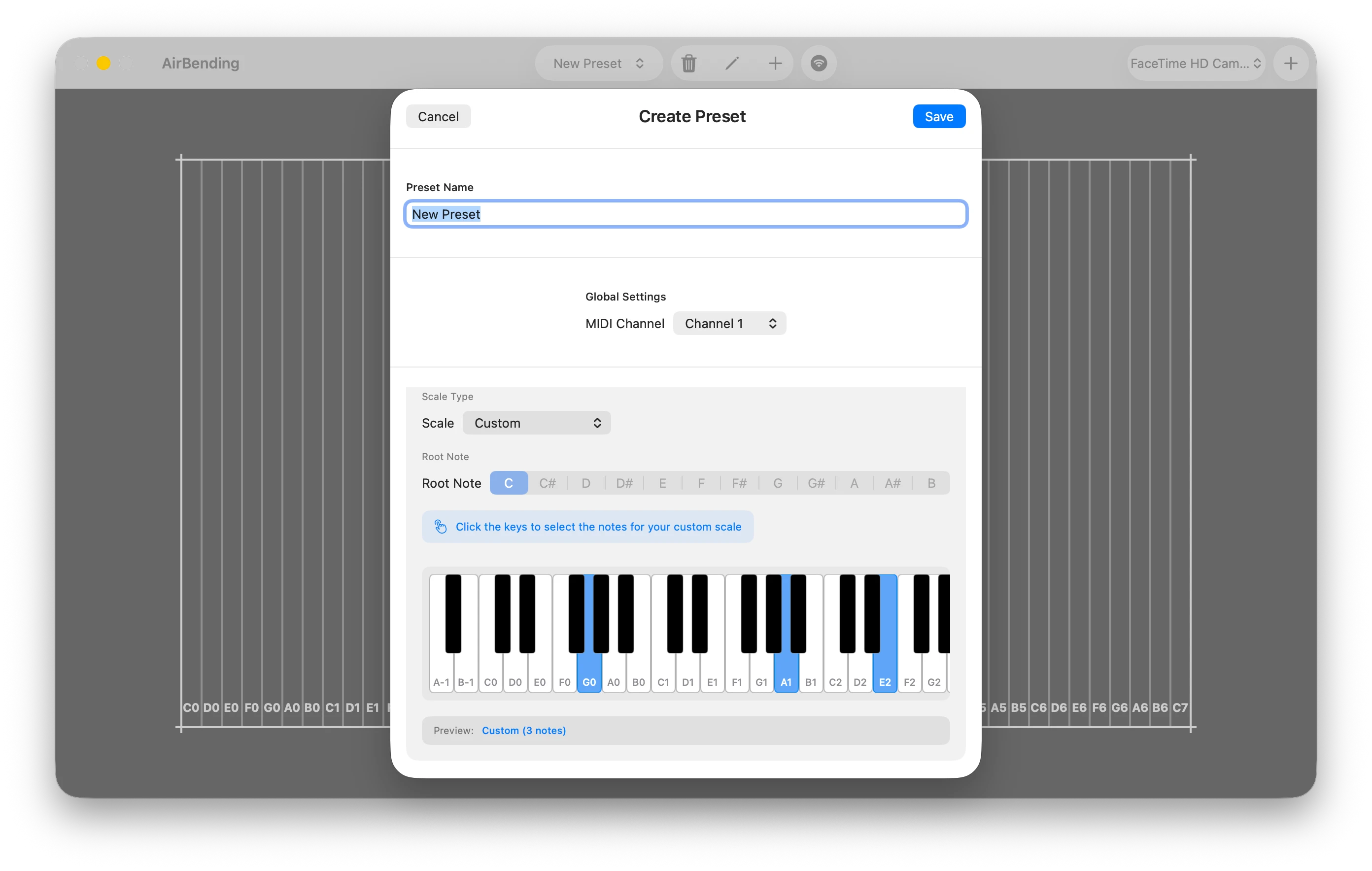Scale picker, root note selector, and piano keyboard with custom notes highlighted