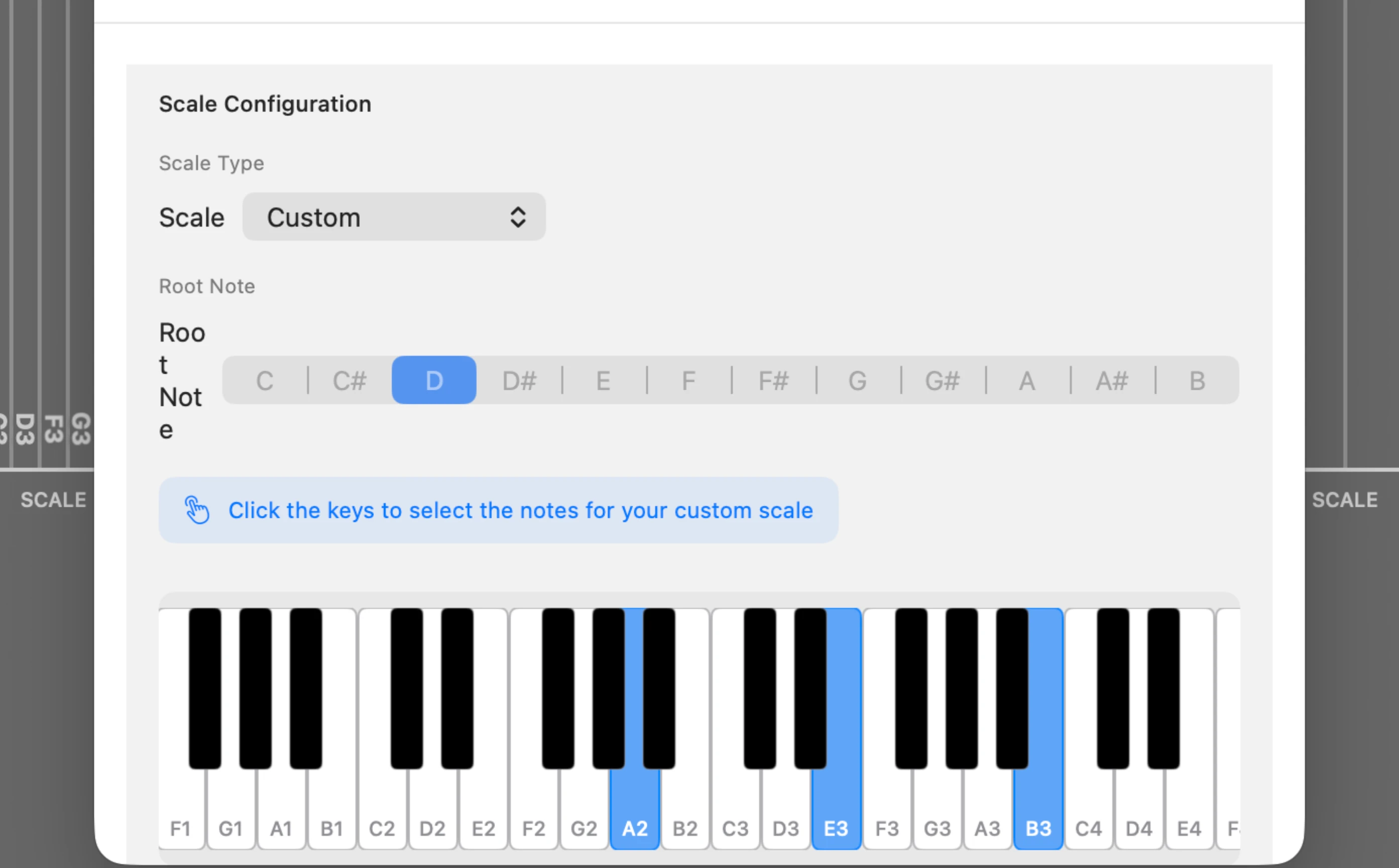 Scale Configuration with a custom scale and root note selected on a piano keyboard