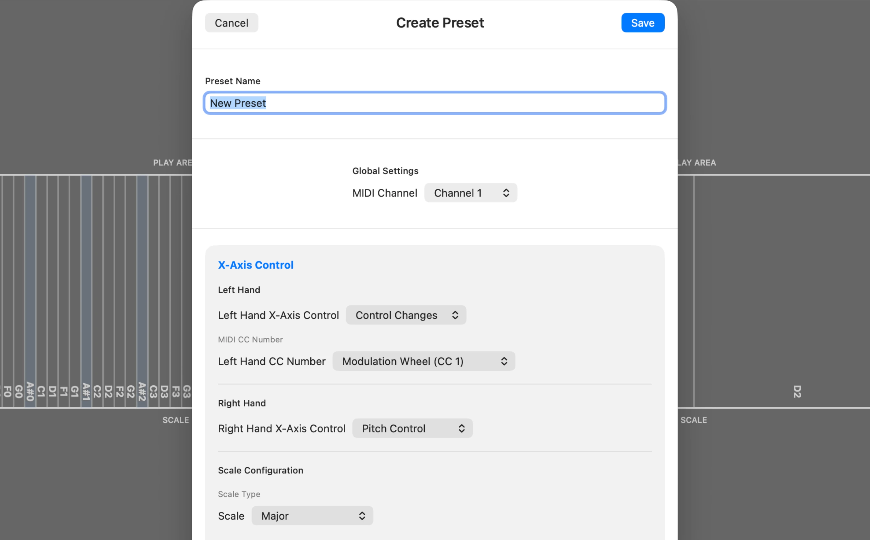 Create Preset dialog showing the per-preset MIDI Channel setting