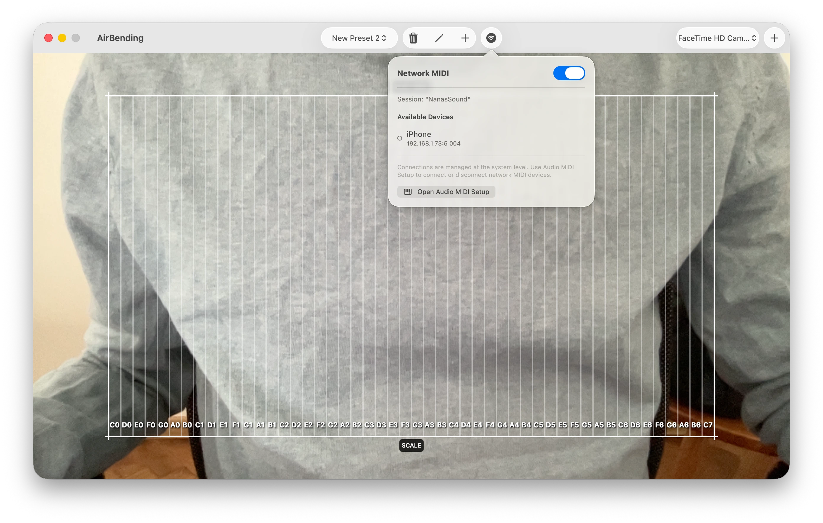 Network MIDI popover — toggle, session name, discovered devices