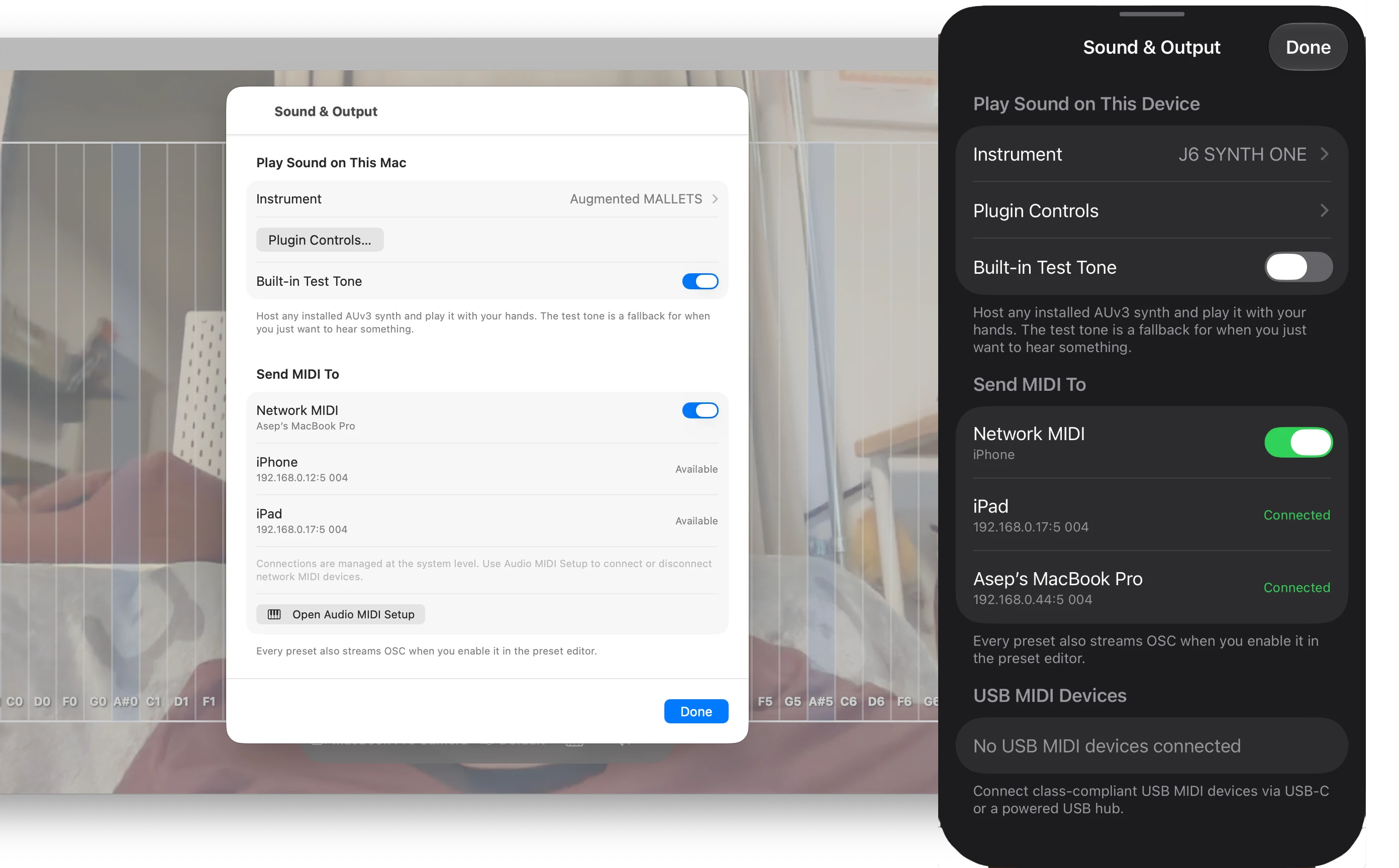 Sound and Output settings on Mac and iPad with Network MIDI enabled, showing connected iPhone, iPad, and MacBook over the network