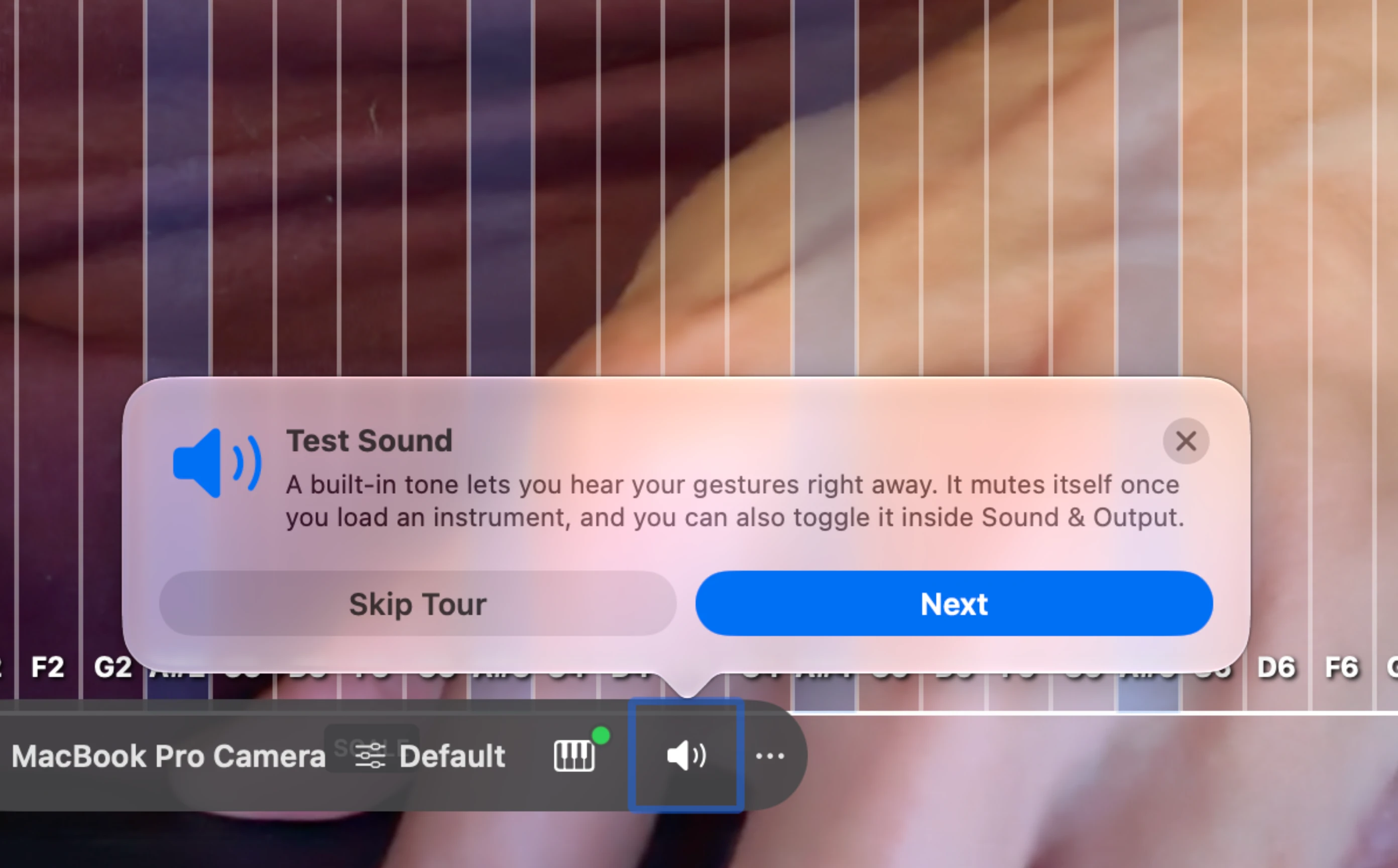 Test Sound tour tip over the camera play area, explaining the built-in tone that lets you hear your gestures right away